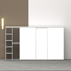 Luksus garderobeskab 380,30 cm med 3 hvide skydelåger – hylder og bøjlestænger, dansk design, nem montering